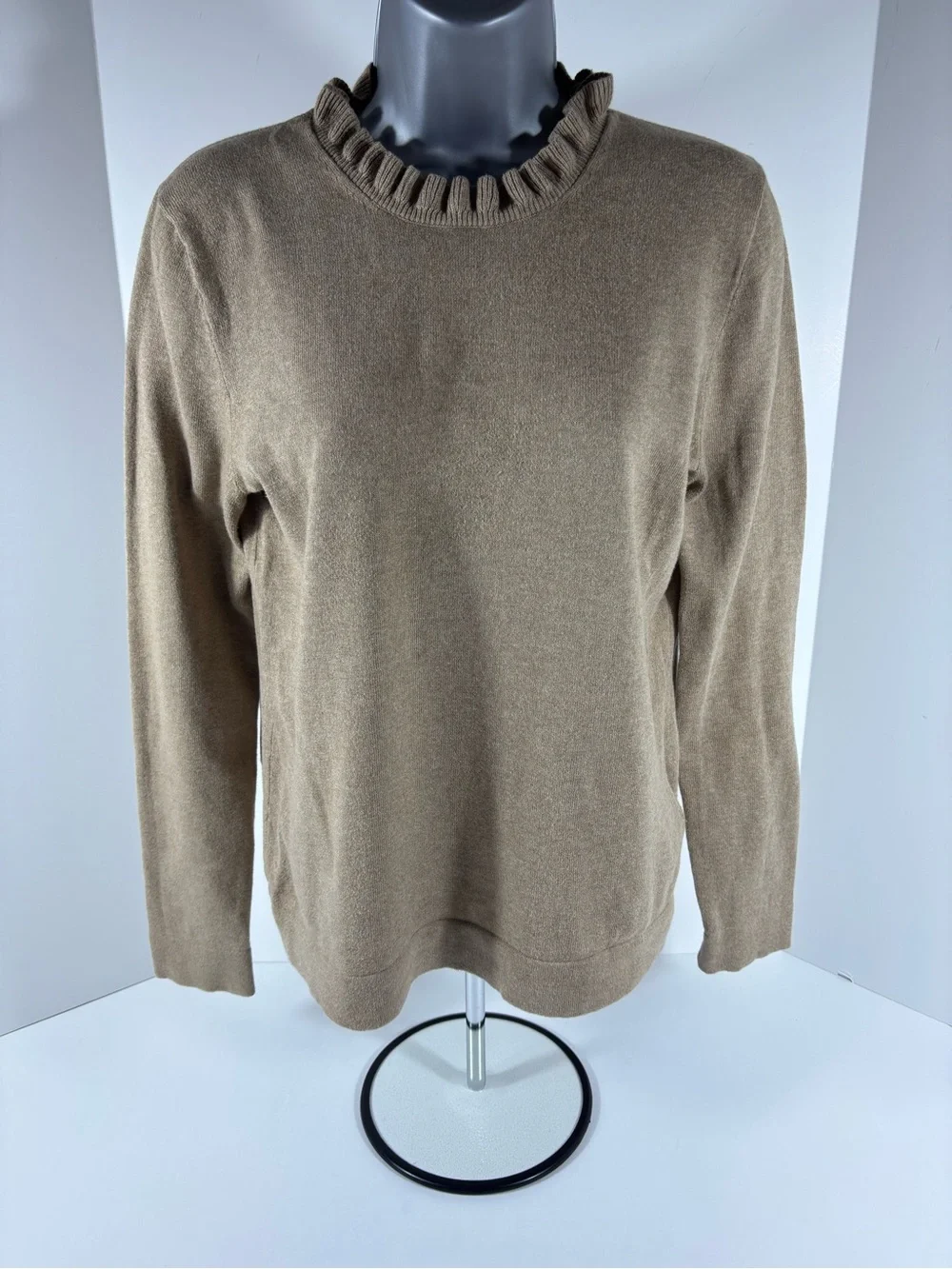 J.Crew Ruffle Neck Sweater Tan Beige Cotton Knit Pullover Small